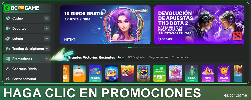 Abrir la sección de promociones en BC.Game España