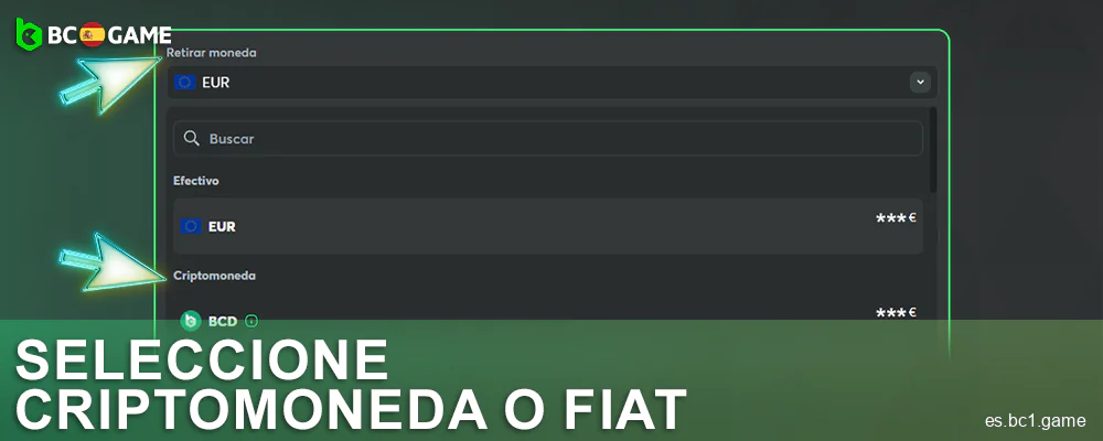 Seleccionar método de retirada de fondos en BC.Game ES