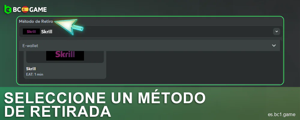 Seleccione el sistema de pago para la retirada de fondos en BC.Game España