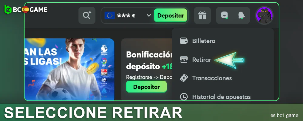 Seleccione la retirada de fondos en BC.Game ES