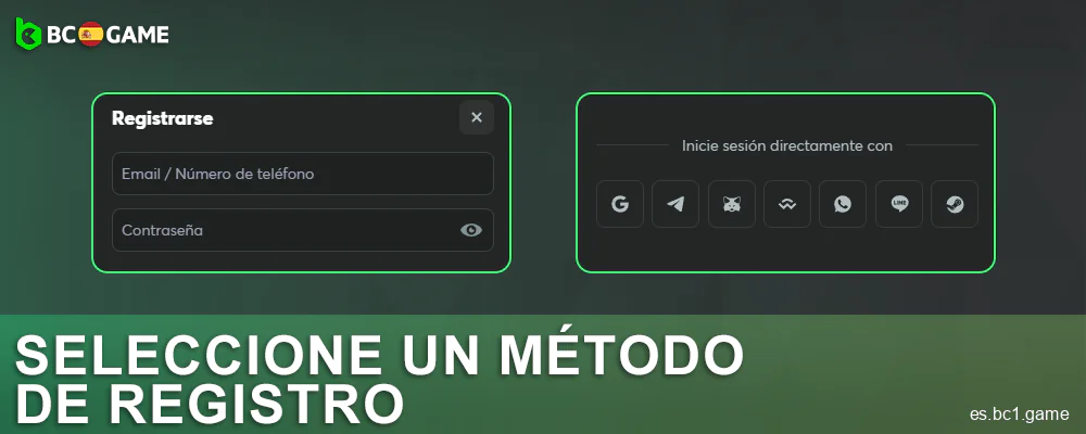 Selecciona la opción para registrarte en BC.Game España