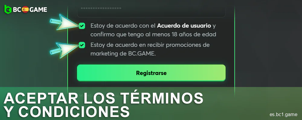 Acepta los términos y condiciones del sitio web BC.Game ES